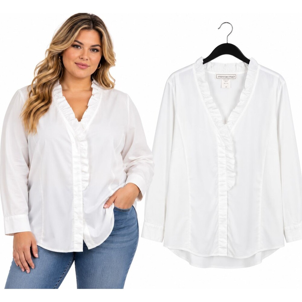 New Monroe Long Sleeve Tunic Blouse Size 1X Main White Ruffle Front V Neck